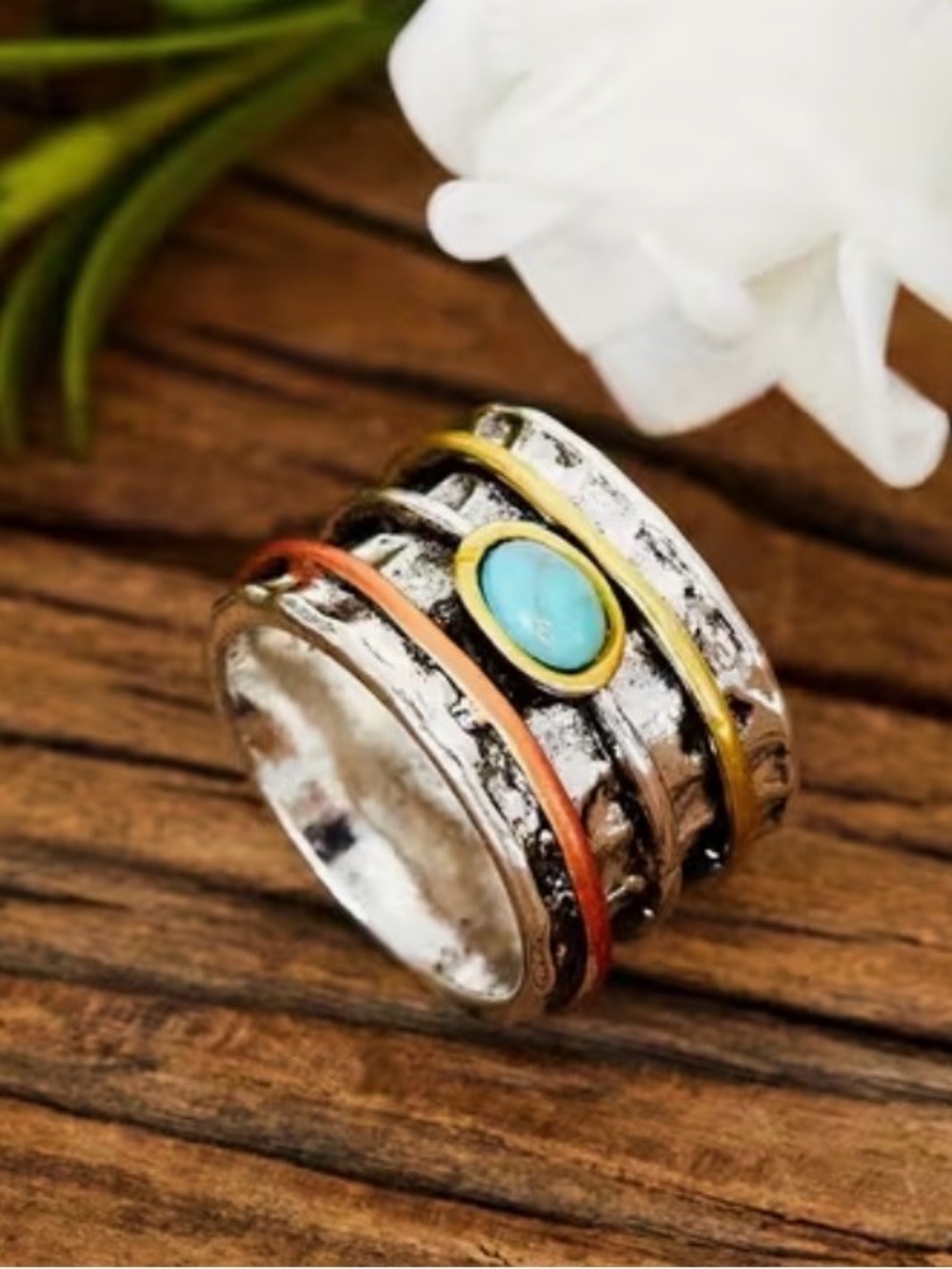 Source Unknown Turquoise Accent Mixed-Metal Spinner Ring